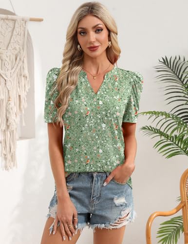 Image of Zeagoo Women Blouses Puff Short Sleeve Tops V Neck Dressy Casual Spring Shirts Boho Floral Cute Clothes 2026