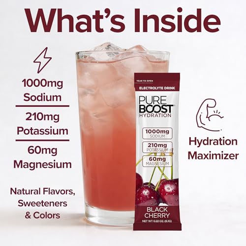 Image of Pureboost Sugar-Free Electrolyte Hydration Packets, Black Cherry 14ct | Zero Calories, Fast Hydration Drink Mix with 1,000mg Sodium, Potassium & Magnesium
