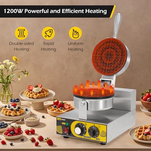 Image of Dyna-Living Waffle Maker Commercial Round Waffle Iron for Restaurant | 1200W Commercial Waffle Maker, Non-stick Professional Waffle Machine, Thicken Stainless Steel Classic Waffle Baker for Home