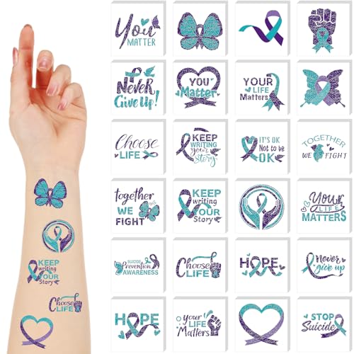 Landhoow 240 Pcs Suicide Prevention Awareness Tattoos Temporary Glitter Teal Purple Ribbon Stickers Mental Health Tattoos Body Stickers for Suicide Prevention Awareness Favor Charity Campaign Supplies