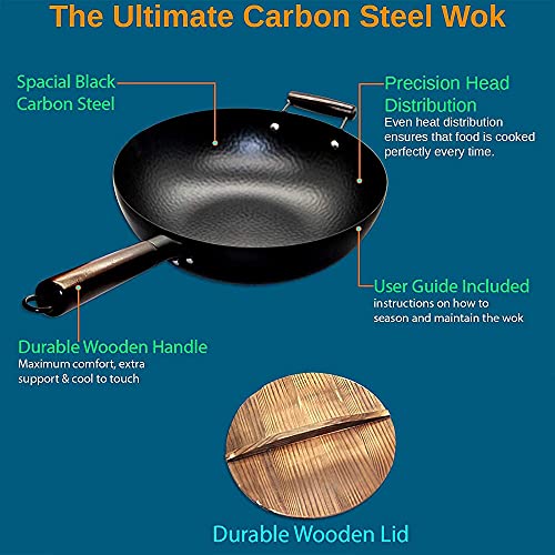 Wok de acero al carbono con tapa y mango de madera miniatura 3