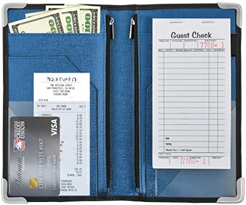 Golgino Server Book for Waitress & Waiter 9 x 5 Inch, Two Zipper Pockets & ID Holder, Premium Receipt Organizer Wallet Fits Aprons, 11 Money Pockets Perfect for Server Banking (Black/Blue)