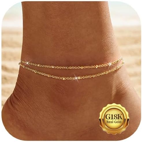 Gold/Silver Ankle Bracelets for Women Dainty,18K Gold Plated/Sterling Silver Chain Anklets for Women Waterproof,Layered Anklets Set Non Tarnish Beachy Jewelry Gift