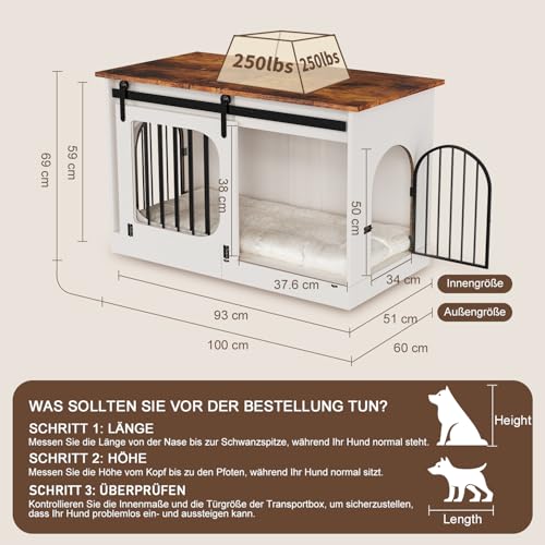 YDTOP Hundebox für Zuhause 100cm, XL Hundekäfig Möbel mit 3 Schiebetüren & Hundematte, Moderne Hundehütte Holz für Kleine Mittlere Große Hunde, 100x60x69cm, Weiß & Braun