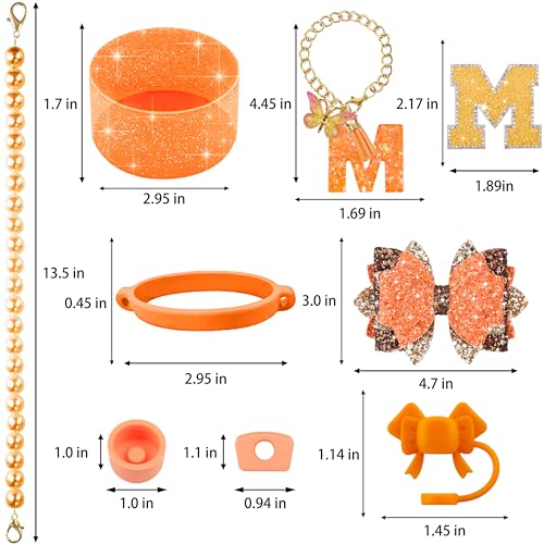 Hpebl 9PCS Orange for Stanley Cup Accessories Set Bling Initials Bow Charms for Stanley Decorations 30/40 Oz Tumbler Accessories Including Bow Straw Topper, Handle Strap, Spill Stopper（Letter M） - image 3