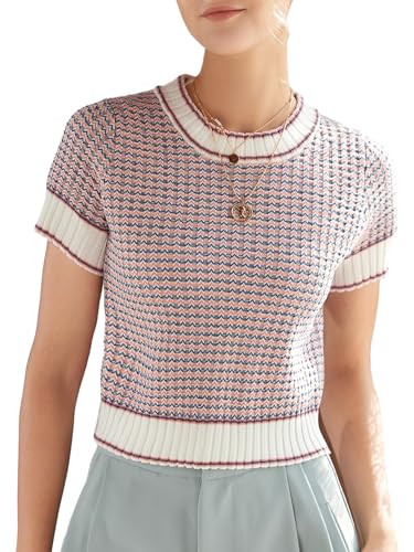 Image of GORGLITTER Women's Short Sleeve Cropped Sweater 2025 Fall Ribbed Knit Striped Pullover Crop Tops