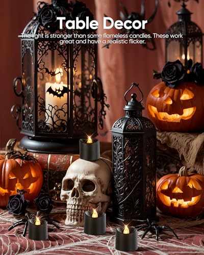 Image of Homemory 12Pack 400+Hour Remote Control Flameless Candles, 2 /4 /6 /8H Timer Led Votive Candles, Battery Operated Tea Lights for Wedding Table Centerpiece, Holidays, Halloween Pumpkins-Black Base