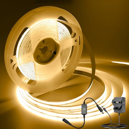 iNextStation 12V COB LED Strip Light 5M, Warm White 3000K Cuttable Tape Lights with Plug, CRI93+ Dotless Flexible Dimmable Lights Kit for Bedroom TV Backlight Kitchen Cabinet Bookcase Mirror DIY Decor