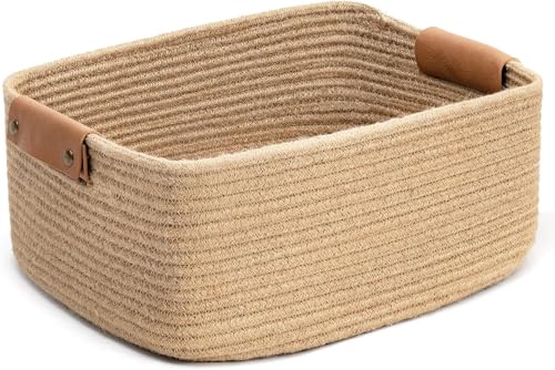 Image of ALBY Rectangle Cotton Rope Woven Basket with Handles for Books, Magazines, Toys - Ideal Gift Decorative Basket for Baby Nursery, Living Room (Jute, Small 10 x 6 x 4 Inch)