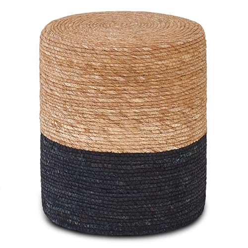Mxfurhawa Pouf Ottomans, Natural Seagrass Foot Stool, Hand Weaving Round Footrest, Poof Pouffe Accent Chair with Wood Frame for Living Room, Bedroom, (Natural & Black)
