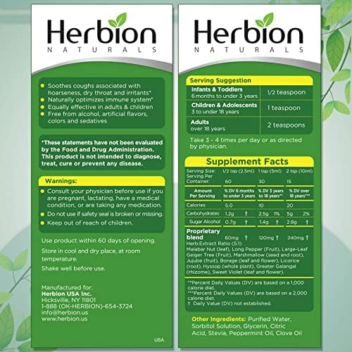 Herbion Naturals Throat Syrup with Stevia, Green, Sugar Free, 5.0 Fl Oz