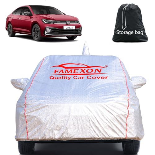 Image of Full Body Car Cover for Volkswagen Virtus with Mirror and Antena Pocket Triple Stiched(Silver with Red Piping)