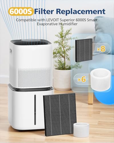 Image of 6000S Filter Replacement Compatible with LEVOIT Superior 6000S Smart Evaporative Humidifier, 8 Pack Wick Filters+ 6 Pack Top Fill Filters, Gray