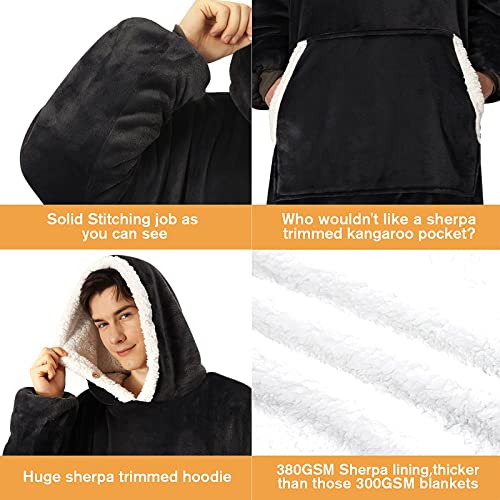 yescool Oversized Wearable Blanket Hoodie, Flannel Sherpa Fleece Blanket Sweatshirt for Adults Women Men, Big Plush Cozy Hooded Blanket with Hood, Pocket & Sleeves, One Size Fits All (Black) - Image 6