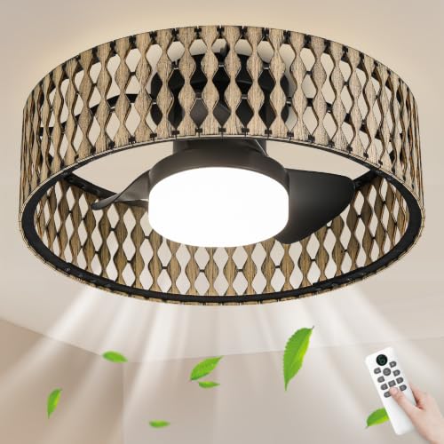 Image of Boho Farmhouse Ceiling Fan with Lights,Rustic Wood Caged Ceiling Fan 20 inchs Low Profile Flush Mount Ceiling Fan Dimmable LED Light Quiet 6 Speed DC Motor for living room Bedroom Kitchen