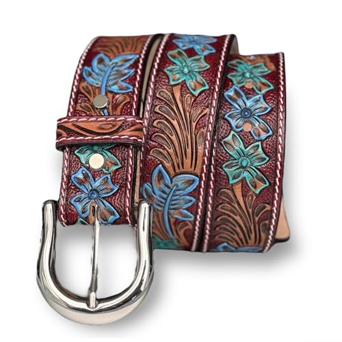 DANIEL'S ARTPLANET Men's Western Belt Full Grain One Piece Leather Belt with Buckle Engraved Handmade Tooled 1.5