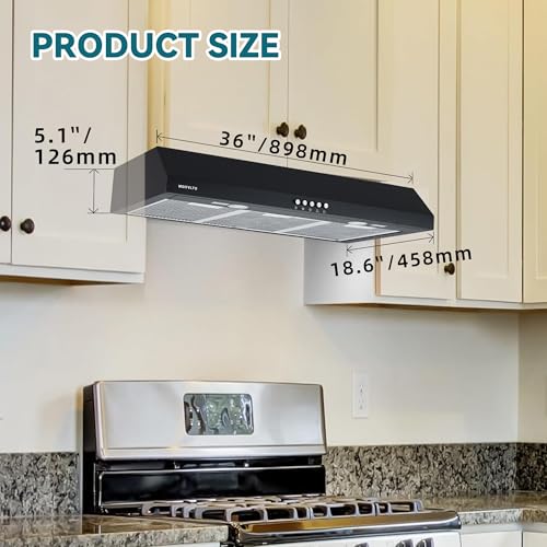 Image of 36 inch Under Cabinet Range Hood, Convertible Ducted /Ductless, 700 CFM Powerful Suction, 3-Speed Touch Control, 2 LED Lights, 6-Layer Stainless Steel Filters, Black