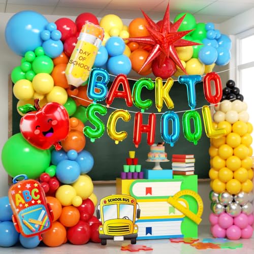 230pcs Back to School Balloon Arch Kit, Colorful Red Blue Yellow Lime Green Orange Foil Yellow Pink Nude Silver Black Pencil Balloons for First Day of School Party Decorations