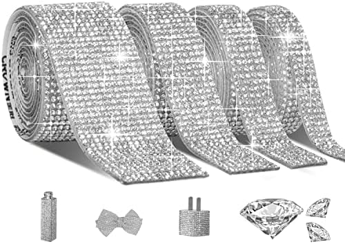 KIKIMINK 4 Rolls 4 Yards Self-Adhesive Crystal Rhinestone Diamond Ribbon Stickers, 4/6/8/14 Rows DIY Gem Decoration with 2 mm Rhinestones for Arts Crafts, DIY Event Christmas Birthday Decorations