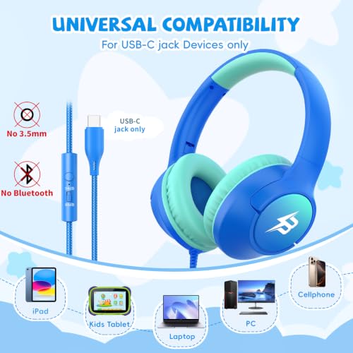 Image of USB C Headphones Wired for Kids, 85 /94dB Volume Limit With Mic, Blue