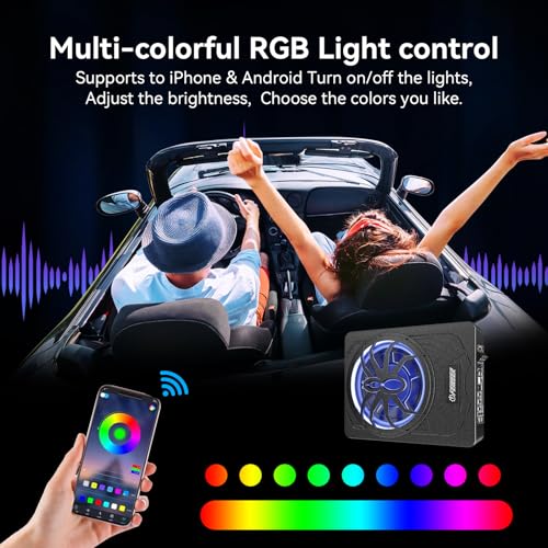 Image of Feikeer 10 inch1200W UnderSeat Subwoofer, Powered Subwoofer Car Audio with Multicolor LED Lighting, Deep Bass Enhancement.Under Seat Subwoofers with Amp for a Dynamic Driving Experience with Bass Melodies
