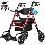 Walkers for Seniors,Rollator Walker with Seat, Walker Wheelchair Combo,2 in 1 Rollator Transport Chair with Brakes, Heavy Duty Rolling Walker, Holds up to 450 pounds,10' Big Wheels for All Terrain,Red