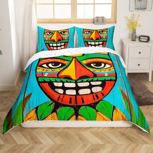 Erosebridal Tiki Bar Bedding Set Abstract Tiki Warrior Toddler Comforter Cover for Kids Boys Girls,Tropical Hawaii Theme Duvet Cover Exotic Tribe Totem Culture Quilt Cover