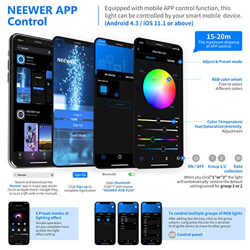 Neewer 2 Packs P200 RGB LED Video Light Battery Kit with APP Control - CRI97+ 360°Full Color RGB Light Preset 9 Scenes with U-Bracket/Barndoor/LED Display/for YouTube, Outdoor Photography