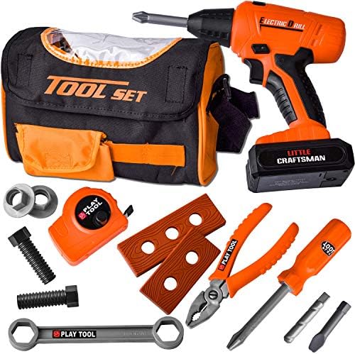 JOYIN 15 PC Sling Bag Construction Tool Toy Set Includes 1 Tool Bag,1 Power Drill with 3 bits, 1 Tape Measure, and Various Tool Accessories for Construction Pretend Play