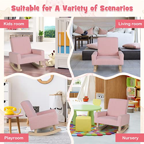 Kids Rocking Chair With Solid Wooden Frame, Anti-Tipping Design, Plush Fabric, Armchair For Nursery Kindergarten Playroom Preschool, Gift For Boys Girls (Pink) #TOP6