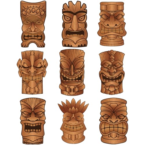 Image of Qilery 9 Piece Jumbo Brown 16.5 inch - 29.5 inch Tiki Mask Cardboard Cutouts Tiki Mask Decorations Survivor Themed Party Decorations for Your Next Luau, Bar and Other Fun and Grand Celebrations