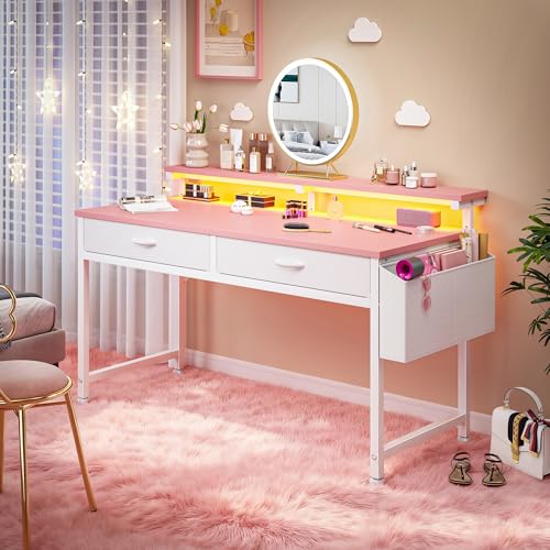 Image of DurayLoly 47.3 Inch Office Computer Desk with LED Lights & 2 Fabric Drawers, Gaming Desk with Side Pocket & Ergonomic Monitor Stand, Small Space Study Writing Table with Anti-Tip Design,Pink