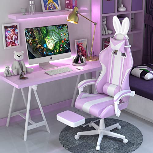 Ferghana Purple Gaming Chair With Bunny Ear, Cute Massage Gaming Chairs For Adults & Teens, Office Pc Gamer Chair With Footrest, Kawaii Computer Game Chair For Girls, Racing Reclining Silla Gamer #TOP1