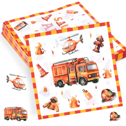 Deepton Lot de 30 serviettes en papier jetables 32 x 32 cm Motif pompier Pour décoration d'anniversaire d'enfant garçon et fille