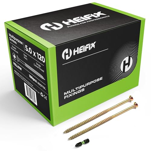 Heifix Multi-Purpose Wood Screws - FREE Screw Bit Included (QTY 100, 5mm x 120mm) Pozi Double Countersunk