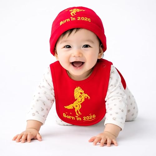 Miniatura 11 de FoxE Año del caballo Set de regalo nacido en 2026  babero, gorro y juguete de peluche  Unisex, 100% algodón, 0-24 meses  Regalos de Año Nuevo Chino