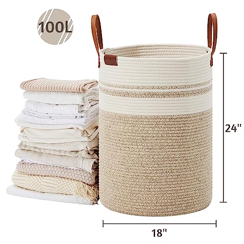 Image of VIPOSCO 100L Tall Woven Rope Laundry Hamper, Leather Handles, Brown & White | Large Wicker Laundry Basket for Dirty Clothes, Blanket, Toy, Towel, Yoga Mat, Storage Bin in Bedroom, Bathroom, Living Room