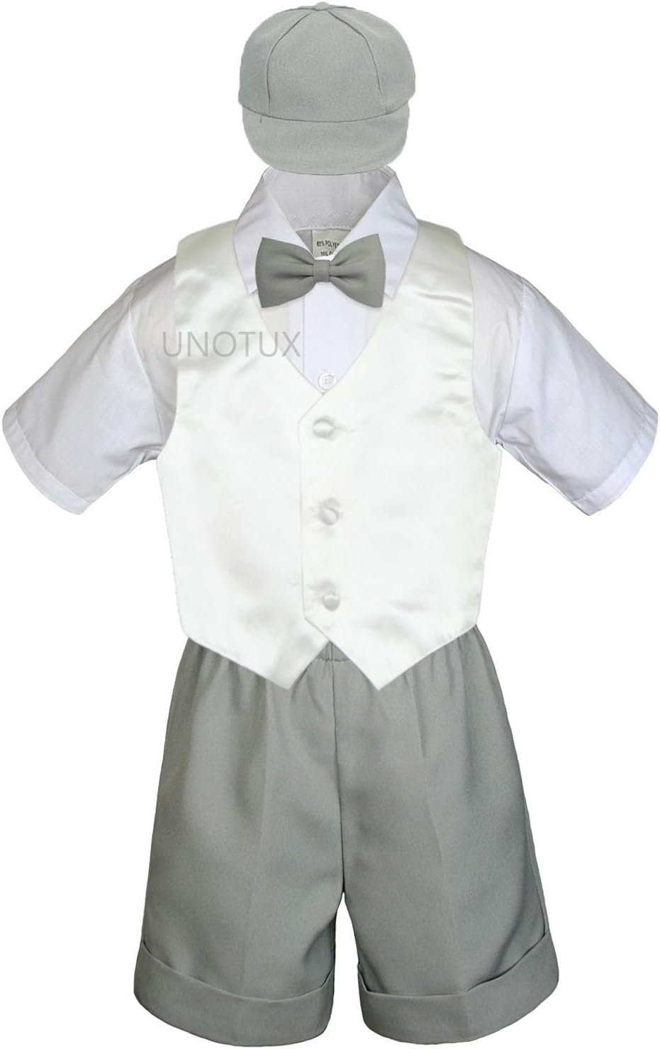 Baby Toddler Boy Formal Summer Event Suit Gray Shorts Shirt Hat Vest Set Sm-4T (Extra Large (18-24 Months), Ivory)