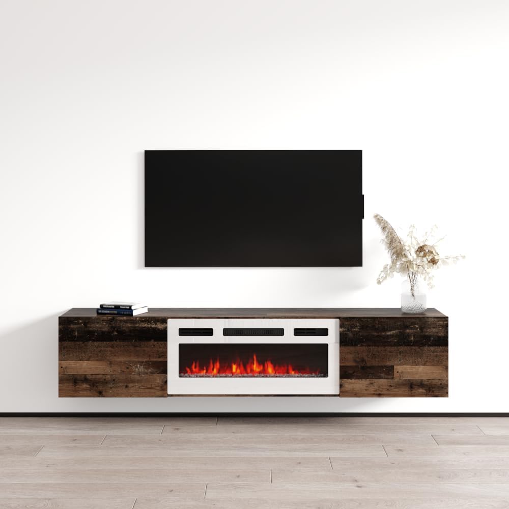 Meble Furniture Baja WH-EF Floating Fireplace TV Stand — Electric Fireplace with Multicolor Flames — Matte Finish, 70.9" W x 15.7" D x 23.6" H — Oldwood