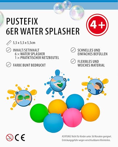Pustefix Water Splasher Wasserbomben wiederverwendbar 6 Stk. - Unendlicher Wasserspa&szlig; f&uuml;r hei&szlig;e Sommertage, Einfach bef&uuml;llbares Wasserspielzeug f&uuml;r Kinder ab 3 Jahren