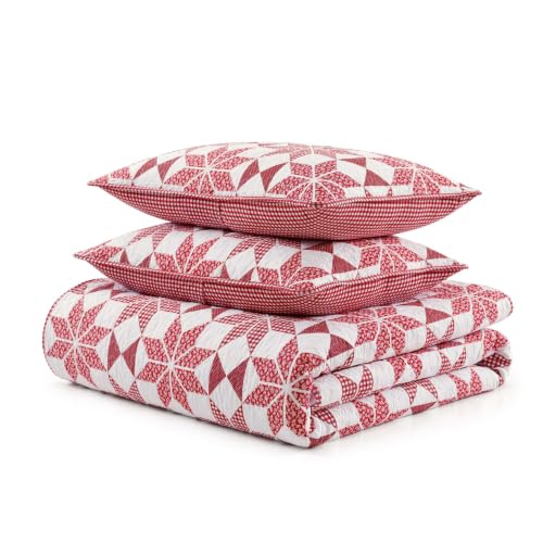 Image of Martha Stewart - King Cotton Percale Quilt with Shams, Reversible Bedding | 100% Cotton Percale, 80 /20 Cotton Blend Fill, Breathable, Reversible Star Patchwork, Includes 2 Shams, Machine Washable
