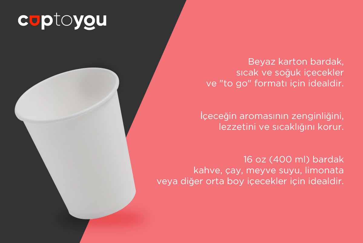 CUPTOYOU 50 adet parti bardağı, beyaz tek kullanımlık karton bardak 16 oz, büyük kağıt bardak 400 ml, parti ihtiyaçları, çocuk partisi, sıcak ve soğuk içecekler, çay, kahve, meyve suyu