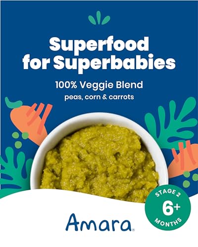 Image of Amara Organic Baby Food - Stage 2 - Peas, Corn & Carrots - Baby Cereal to Mix With Breastmilk, Water or Baby Formula - Shelf Stable Baby Food Pouches Made from 100% Organic Veggies - 10 Pouches, 3.5oz Per Serving