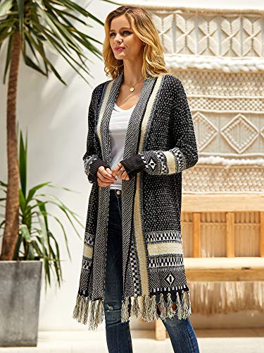 Ferbia Women Boho Cardigan Sweater Long Open Front Maxi Knit Sweaters Aztec Tribal Tassel Fringe Thin Coat
