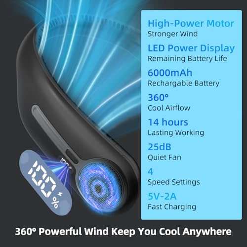 Portable Neck Fan,Hands Free Personal Wearable Bladeless Fan,6000mAh USB Rechargeable,360° Cooling,LED Display,4-Speeds,Birthday Gifts for Men Women Dad Mom,Fathers Day,Mothers Day Gifts (Black)