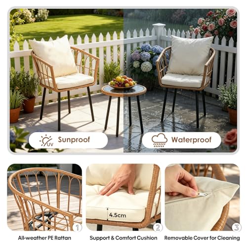 Image of PayLessHere 3 Piece Patio Bistro Set, Outdoor Wicker Apartment Balcony Furniture Sets, All-Weather Rattan Balcony Furniture Set for Patio Front Porch Apartment, Beige