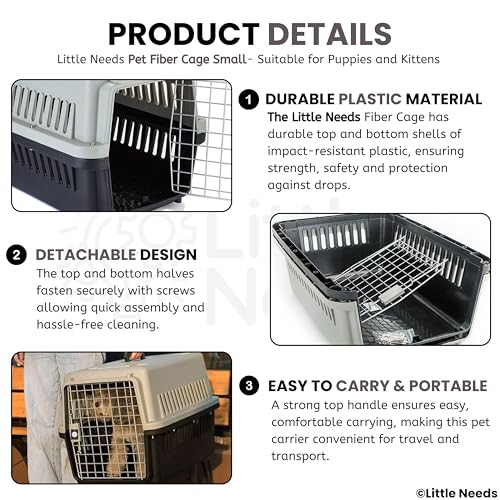 Image of Pet Carrier Fiber Cage (Small, Grey) (48 x 33 x 31 cm) for Cats, Kitten & Puppies I Portable 16 inch Travel Crate with Metal Door & Spring Lock | Ventilated Easy-Carry Handle Kennel House