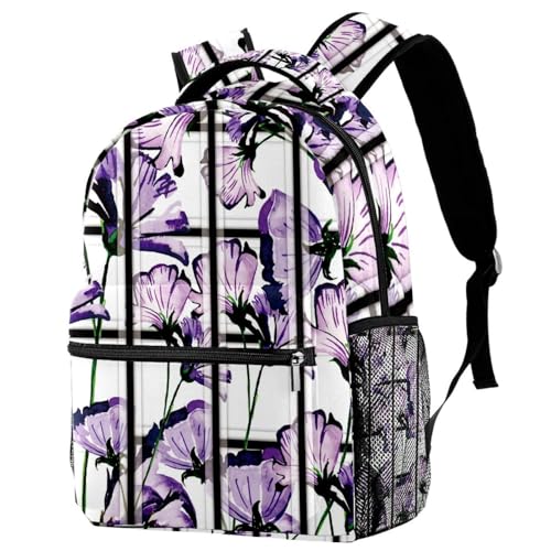 Sac à dos adolescents fleurs violettes et rayures pour collège et école de 29.4x20x40cm