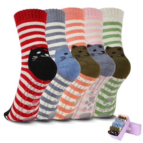 Non Slip Socks for Women with Grips Thermal Winter Warm Thick Cozy Cabin Crew Comfy Anti Skid Slipper Socks Gifts for Women