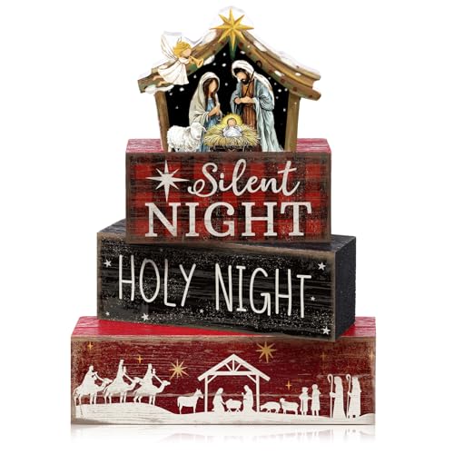 Image of Moucuny 4 Pcs Christmas Table Decor Wooden Christian Religious Decoration Nativity Scene Centerpiece Holy Night Tiered Tray Decor Red and Black Buffalo Plaid Block Signs Xmas Decoration for Kitchen
